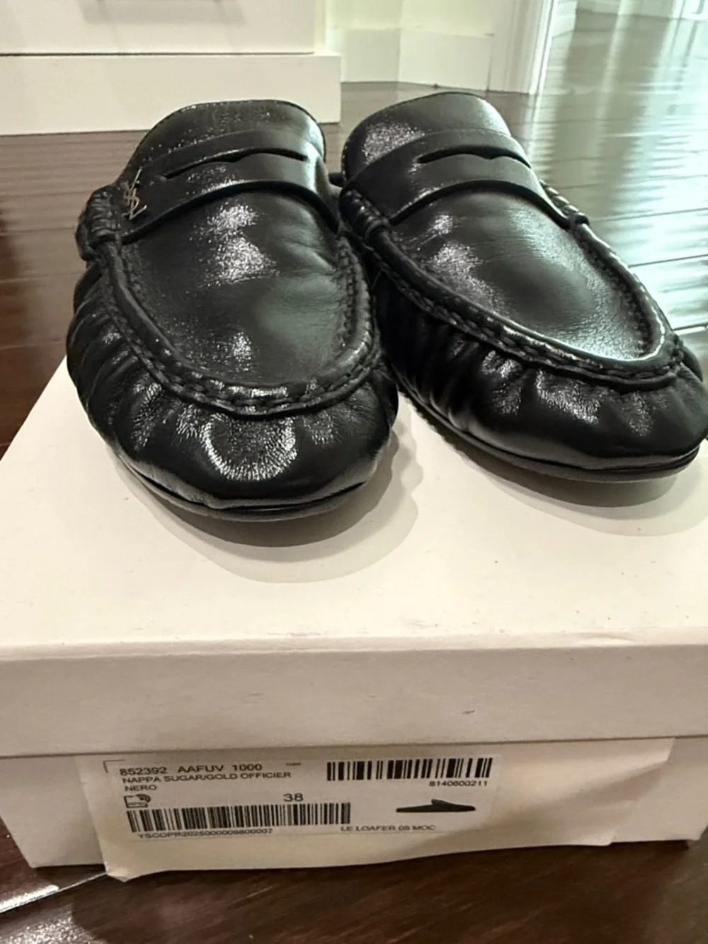 Saint Laurent Black Leather Slip-On Loafers with Gold YSL Accent - Picture 2 of 5